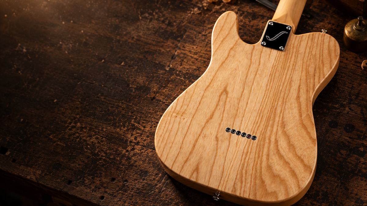 Natural ash guitar body on a luthier's workbench